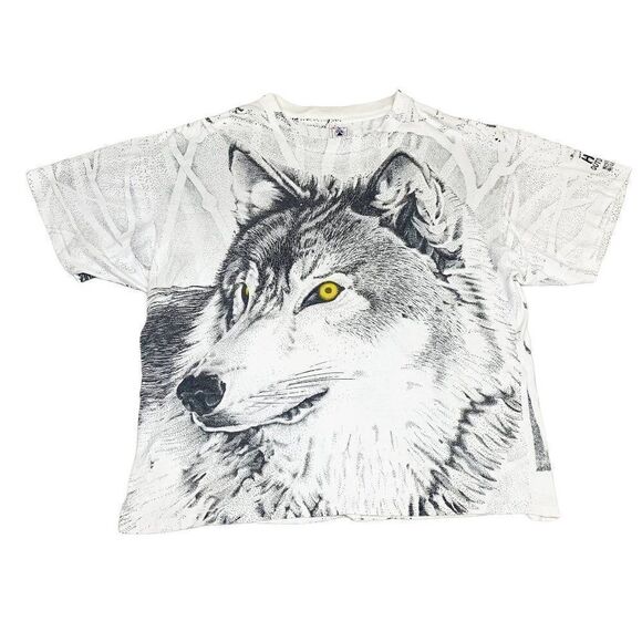 Vintage Wolf T-Shirt XXL White All Over Print Animals Nature Single Stitch - Picture 1 of 10